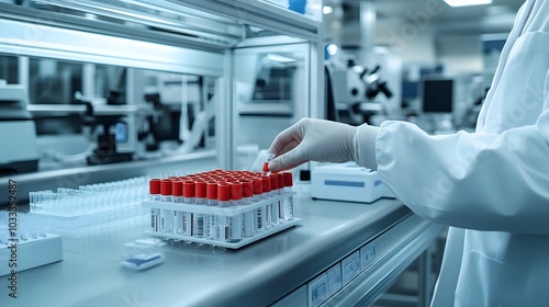 Gloved hand placing a blood sample tube into a rack in a laboratory