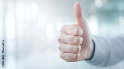 Motivated Office Manager Gesturing Thumbs Up Surrounded by Team Members and Tools in Bright Office Setting