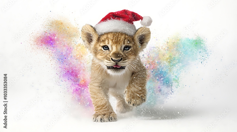 Cute Lion Cub Wearing Santa Hat Runs Through Sparkling Snow Cute Lion Cub Wearing Santa Hat Runs Through Sparkling Snow