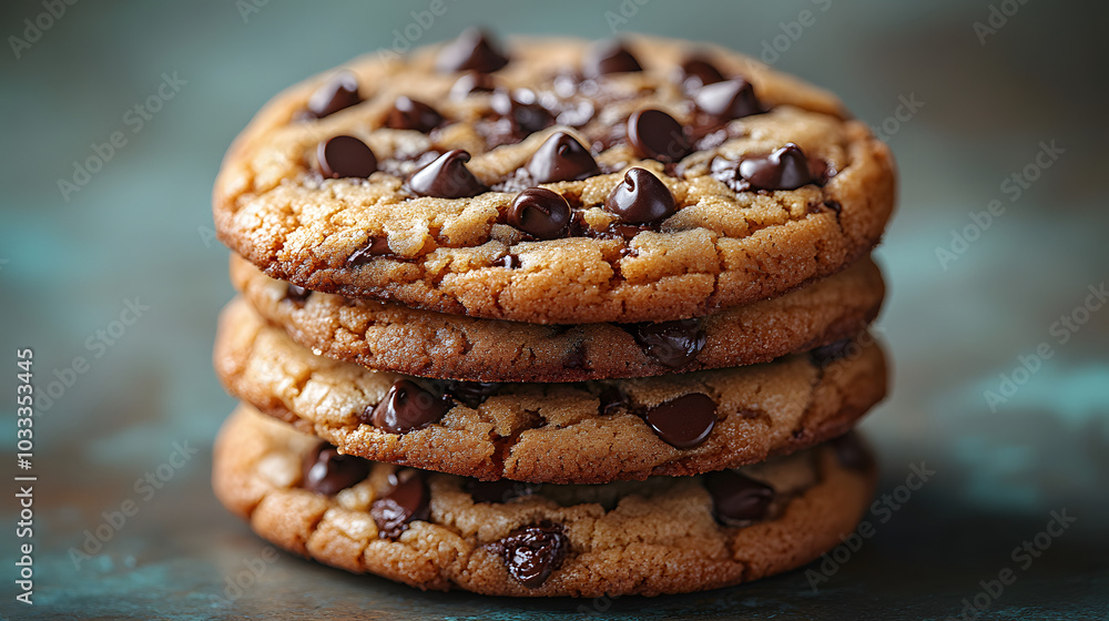 A Stack of Three Large Chocolate Chip Cookies Against a Simple Background. These Delicious Cookies, with Their Gooey Chocolate Chips and Golden Brown Color, Make for an Irresistible Treat, Perfect for A Stack of Three Large Chocolate Chip Cookies Against a Simple Background. These Delicious Cookies, with Their Gooey Chocolate Chips and Golden Brown Color, Make for an Irresistible Treat, Perfect for