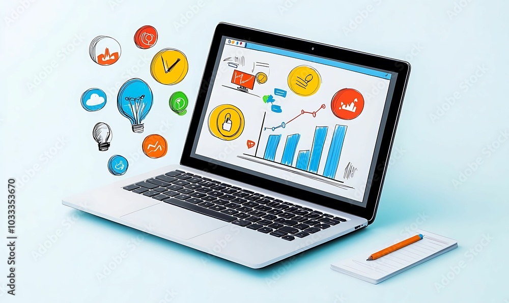 Visualizing data trends and analytics through creative graphic design on a laptop screen Visualizing data trends and analytics through creative graphic design on a laptop screen