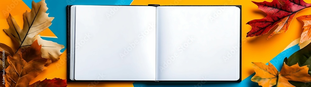 Autumn inspiration a blank notebook surrounded by vibrant leaves on a colorful surface for creative ideas Autumn inspiration a blank notebook surrounded by vibrant leaves on a colorful surface for creative ideas