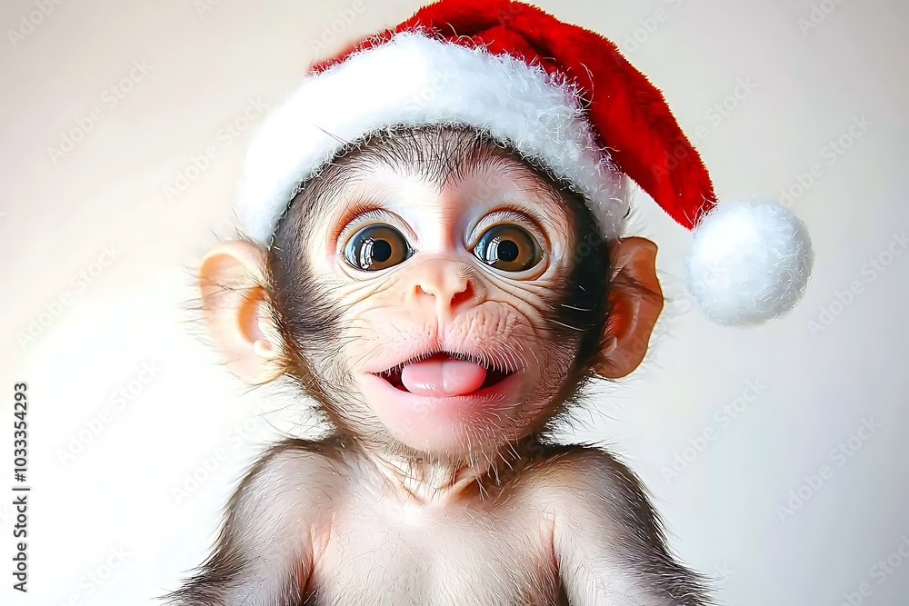 Cute Monkey Wearing a Santa Hat and Sticking Out Its Tongue Cute Monkey Wearing a Santa Hat and Sticking Out Its Tongue