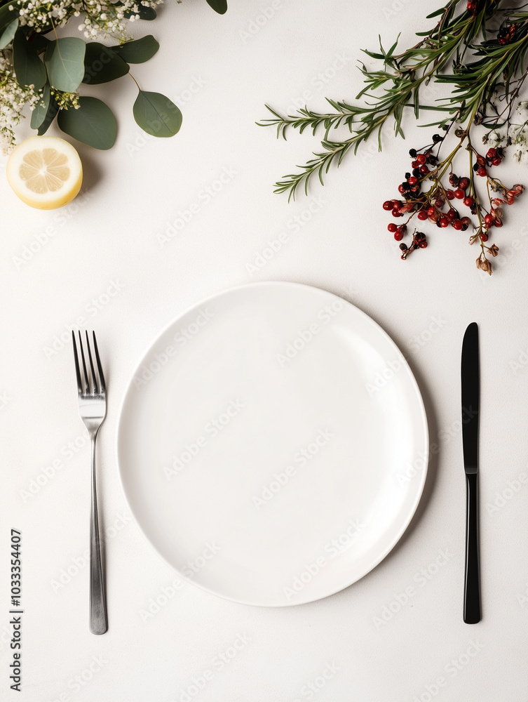 A minimalist dining setup featuring a white plate at the center, flanked by a fork and knife. Fresh herbs and berries are arranged decoratively around the plate A minimalist dining setup featuring a white plate at the center, flanked by a fork and knife. Fresh herbs and berries are arranged decoratively around the plate