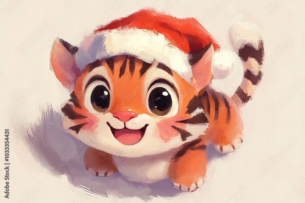Cute Tiger Cub Wearing a Santa Hat, Holiday Cheer, Festive Animal, Winter Holiday Cute Tiger Cub Wearing a Santa Hat, Holiday Cheer, Festive Animal, Winter Holiday