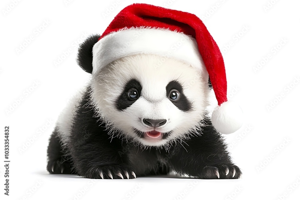 Adorable Panda Cub Wearing Santa Hat for Christmas Adorable Panda Cub Wearing Santa Hat for Christmas
