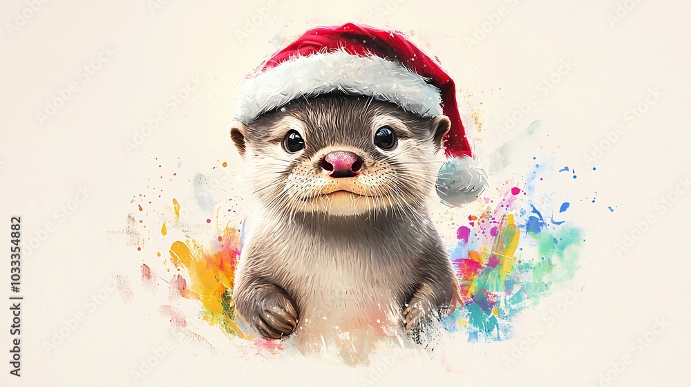 Cute Otter Wearing Santa Hat with Watercolor Background for Winter Holiday Cute Otter Wearing Santa Hat with Watercolor Background for Winter Holiday