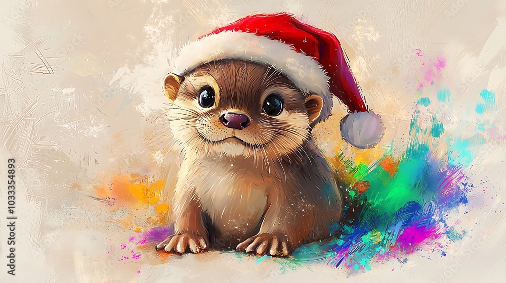 Cute Otter Wearing a Santa Hat in a Colorful World Cute Otter Wearing a Santa Hat in a Colorful World