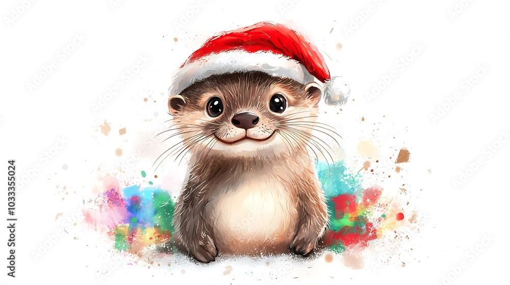 Cute Otter Wearing a Santa Hat with a Watercolor Background Cute Otter Wearing a Santa Hat with a Watercolor Background