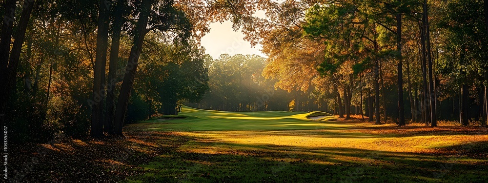 Obraz premium A wide shot of the iconic golf ground in the pine forestin autumn, overlooking the green and sand-colored fairway with beautiful trees and a blue sky in the background
