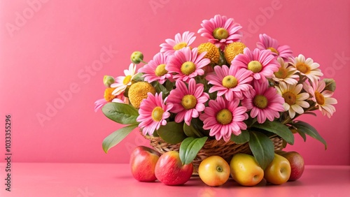 Wallpaper Mural Pink daisies in a woven basket with apples on a pink background. Torontodigital.ca