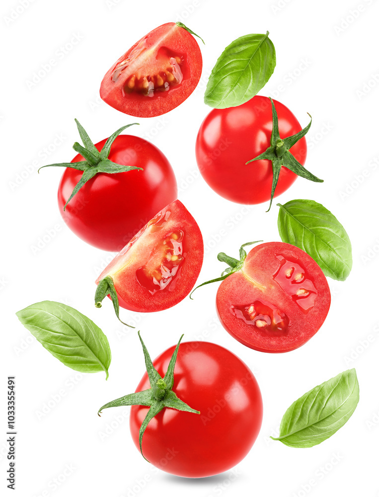 flying fresh tomatoes with green leaves isolated on white background. clipping path flying fresh tomatoes with green leaves isolated on white background. clipping path