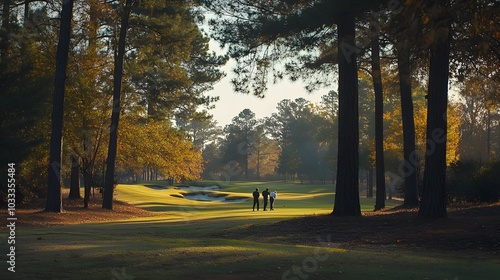 A wide shot of the iconic golf ground in the pine forestin autumn, overlooking the green and sand-colored fairway with beautiful trees and a blue sky in the background photo