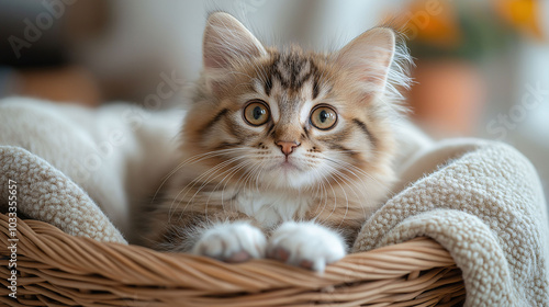 A cute cat with soft fur sitting inside a basket, with a background in warm tones of white and beige. The image is cozy and inviting, with ample copy space photo