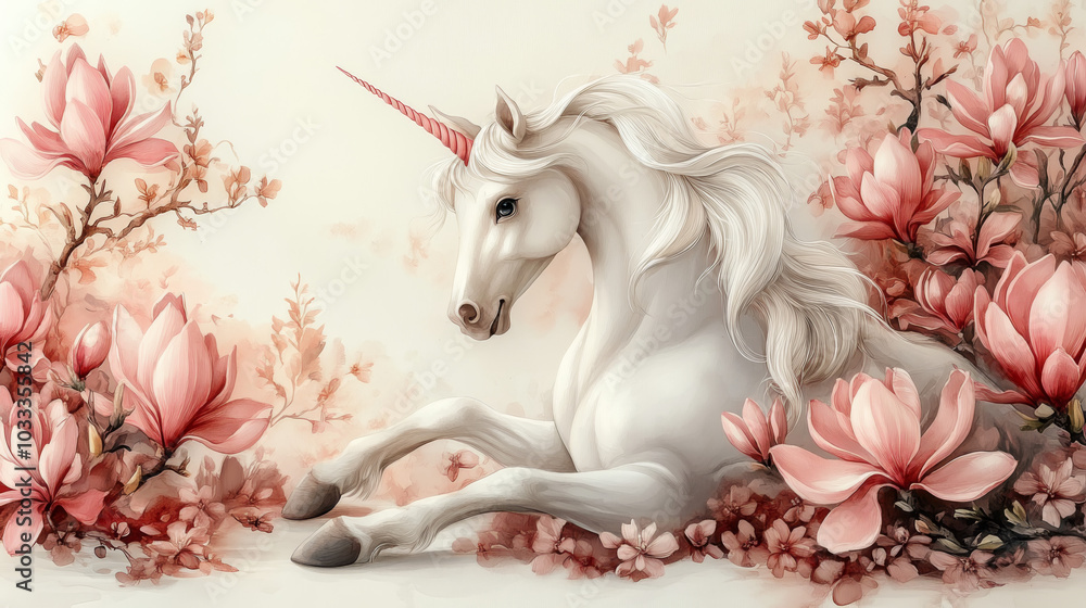 Naklejka premium Cute Unicorn with Magnolia Flowers Isolated on White Background