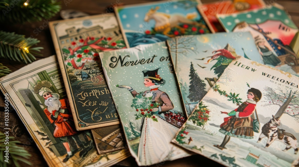 Obraz premium Vintage New Year's Eve Postcard Collection Display