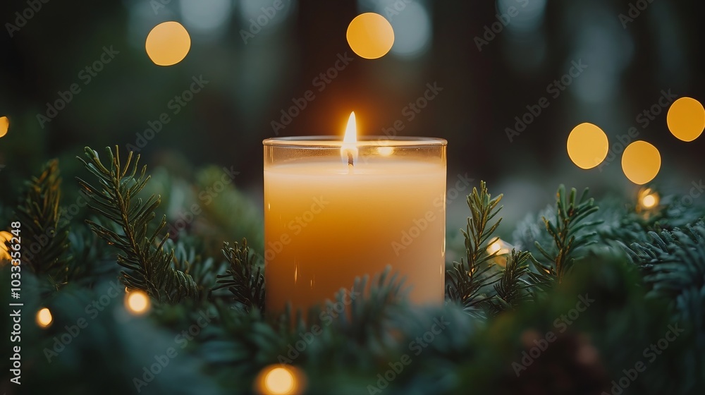 Flickering Candle Surrounded by Vibrant Greenery Flickering Candle Surrounded by Vibrant Greenery