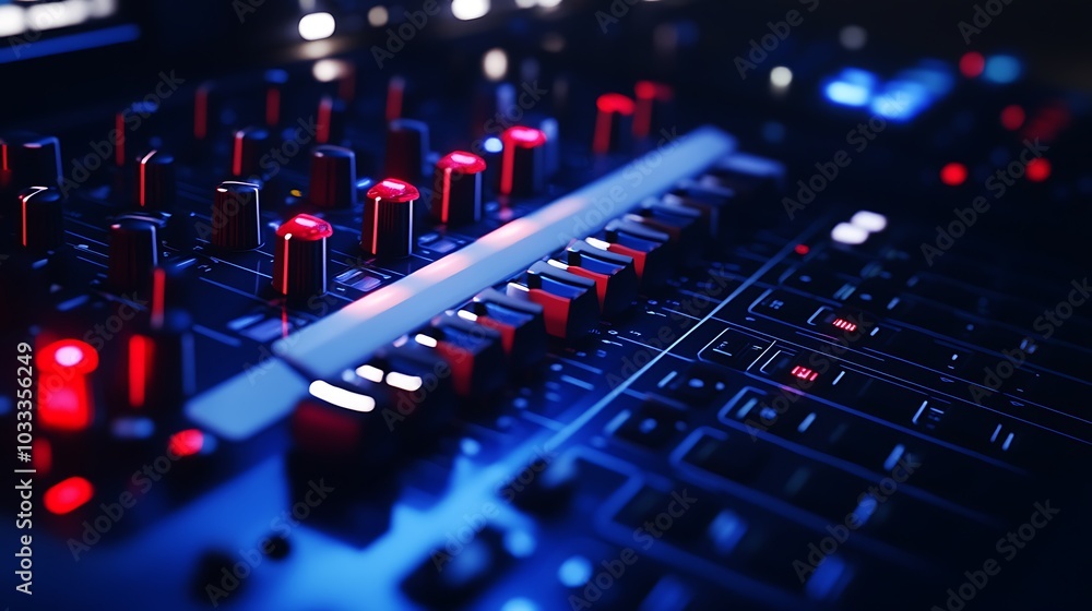 Close-up shot of a sound mixing board with red and blue lights, buttons and sliders. Close-up shot of a sound mixing board with red and blue lights, buttons and sliders.