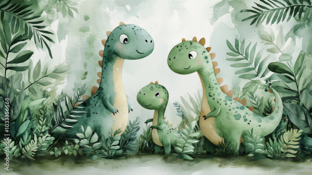 Naklejka premium Majestic Dinosaurs Roaming in a Lush Tropical Jungle with Palm Leaves and Waterfall