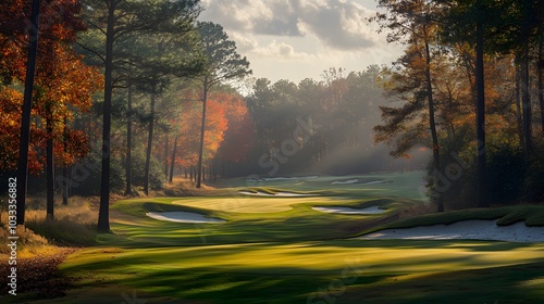 A wide shot of the iconic golf ground in the pine forestin autumn, overlooking the green and sand-colored fairway with beautiful trees and a blue sky in the background photo