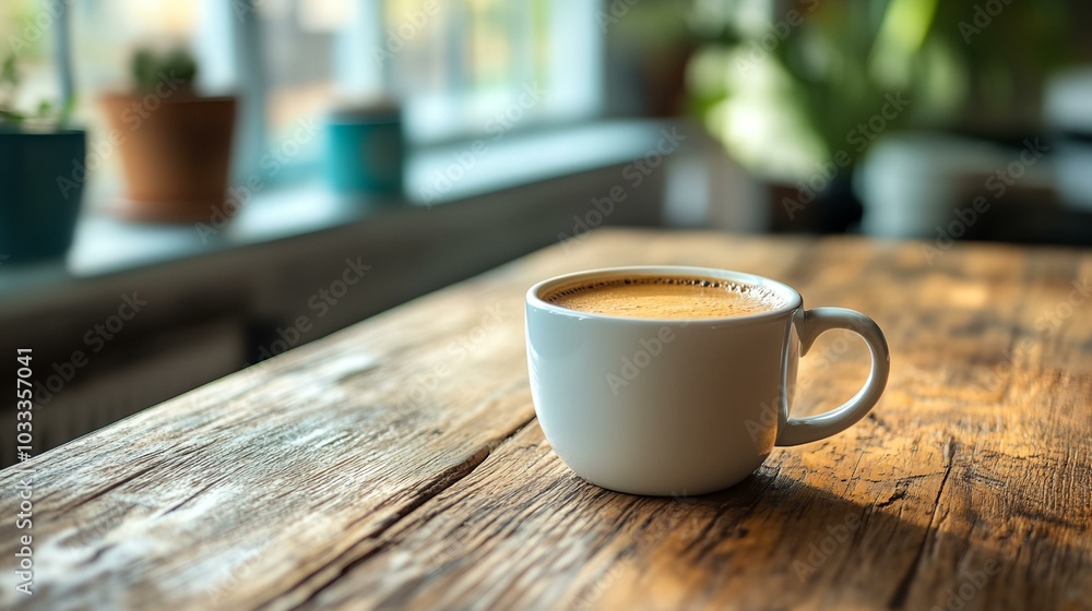 A white coffee cup sits on a wooden table A white coffee cup sits on a wooden table