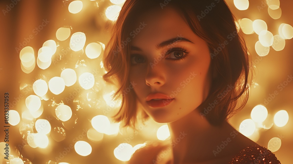 Fototapeta premium A woman with short hair and red dress is standing in front of a lighted background