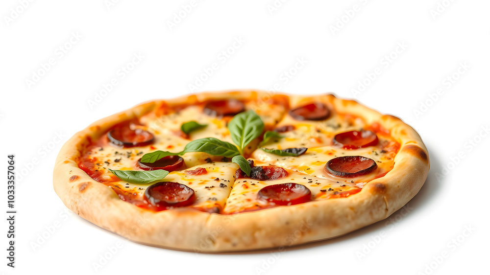 A pepperoni pizza with basil leaves on top A pepperoni pizza with basil leaves on top