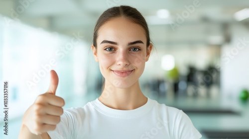 Happy Fitness Instructor Encouraging in Bright Studio with Yoga Mats and Workout Equipment in Background