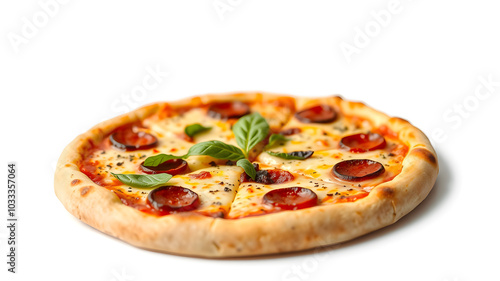 A pepperoni pizza with basil leaves on top