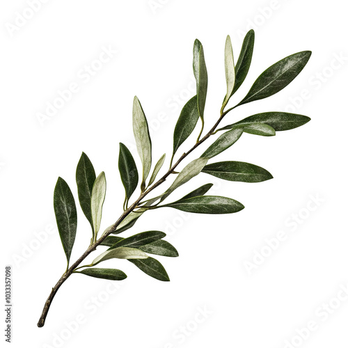 Olive tree branch with green leaves, isolated on transparent cutout background