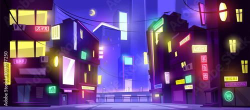 Downtown street with neon glowing signs at night. Dark city landscape with illumination. Cartoon vector Japanese or Chinese urban scenery with modern architecture. Futuristic cyberpunk town nightlife.