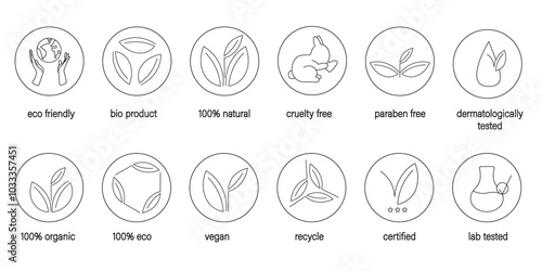 Vector set of logo design, icons and badges for natural and organic cosmetics; cruelty free, organic, natural , eco, vegan, recycle, bio product, lab tested, certified, paraben free and eco friendly.