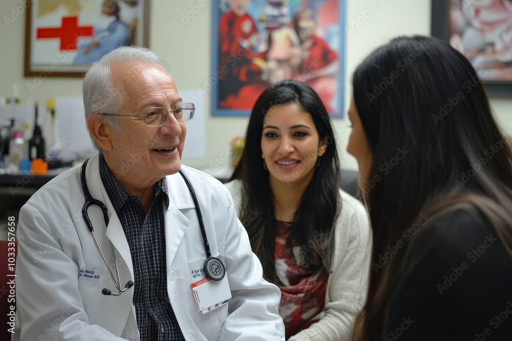 Family and friends visiting patient and talking with doctor Family and friends visiting patient and talking with doctor