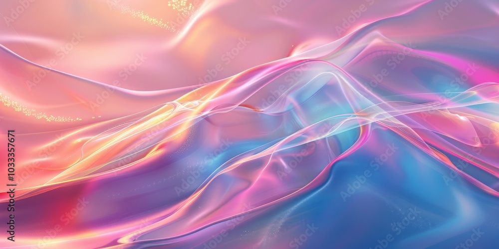 Abstract holographic background featuring fluid, iridescent waves in soft pastel shades of pink, blue, purple Abstract holographic background featuring fluid, iridescent waves in soft pastel shades of pink, blue, purple