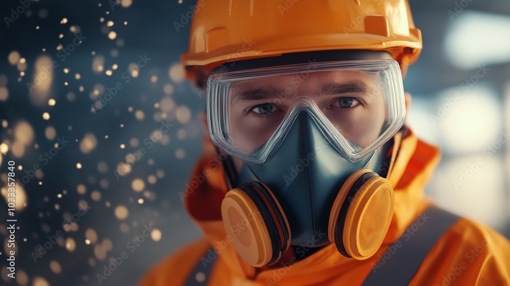 Construction worker in a safety mask and helmet observing the site during daylight while dust particles float in the air. Construction worker in a safety mask and helmet observing the site during daylight while dust particles float in the air.