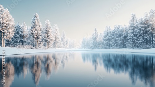 Fototapeta Naklejka Na Ścianę i Meble -  a lake surrounded by snow covered trees in the wintertime