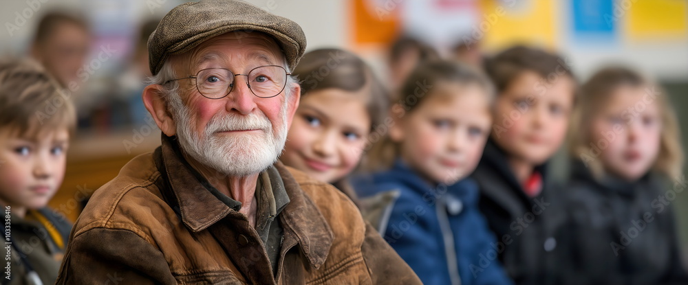Smiling elderly man with children in background. Veterans Day community engagement Smiling elderly man with children in background. Veterans Day community engagement