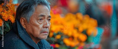 Elderly Asian man with solemn expression surrounded by flowers. Veterans Day remembrance and reflection