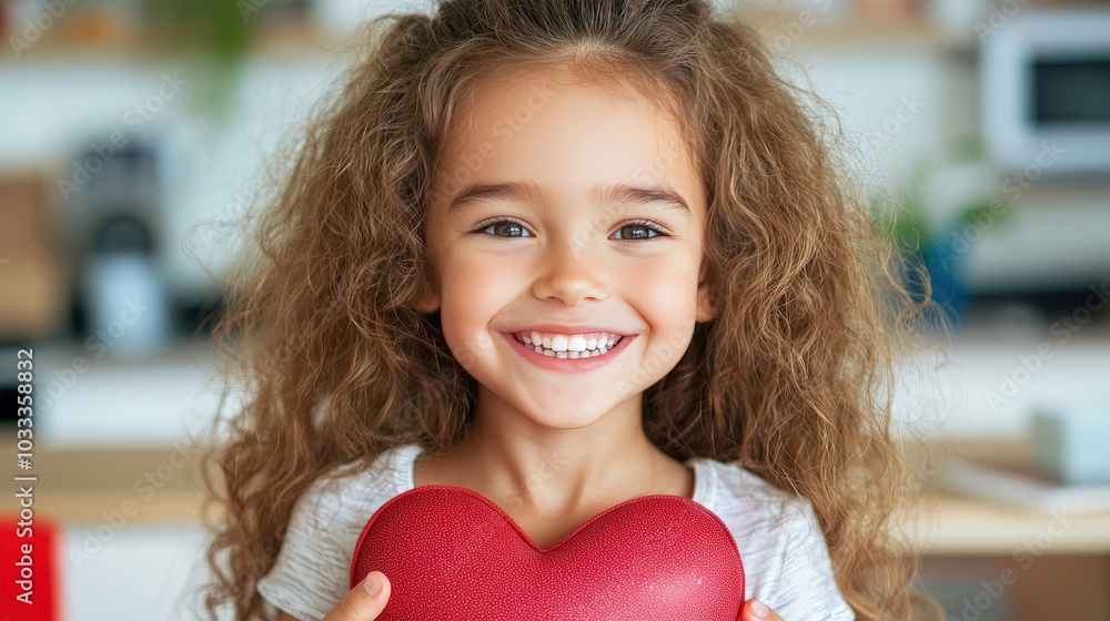 Happy Little Girl Holding Heart Shaped Pillow Love Affection Valentine s Day Happy Little Girl Holding Heart Shaped Pillow Love Affection Valentine s Day