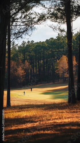 A wide shot of the iconic golf ground in the pine forestin autumn, overlooking the green and sand-colored fairway with beautiful trees and a blue sky in the background photo