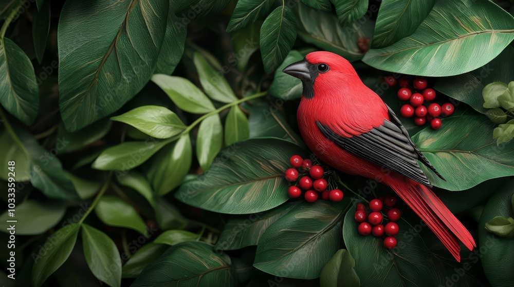 Fototapeta premium Birds gathering around red berries, lush forest background, photorealistic 3D style, detailed leaf textures, wildlife theme