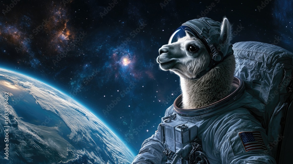 An alpaca dressed as an astronaut floating in space with the Earth and stars in the background. An alpaca dressed as an astronaut floating in space with the Earth and stars in the background.