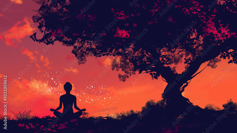 Pop art concept Silhouette young woman practicing yoga under tree Pop art concept Silhouette young woman practicing yoga under tree