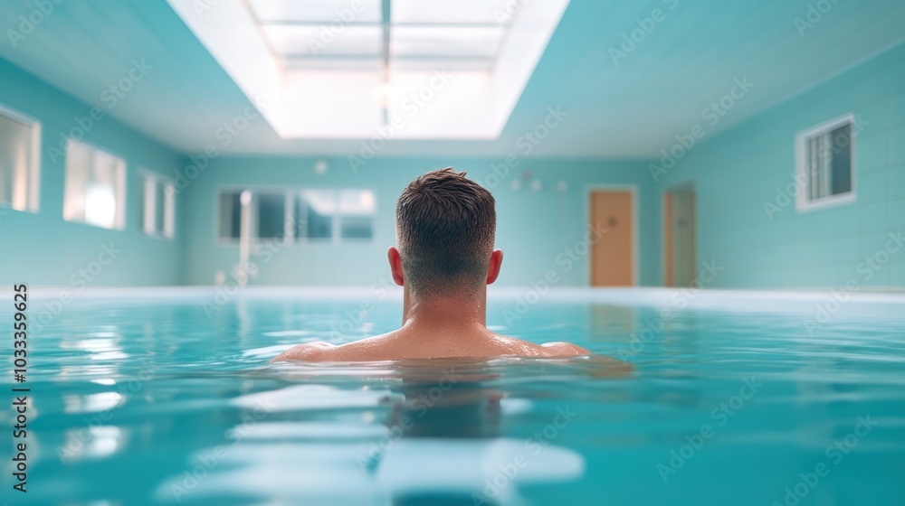 Relaxation and serenity a man enjoying a calm swim in a tranquil indoor pool setting with soft lighting and pastel walls. Relaxation and serenity a man enjoying a calm swim in a tranquil indoor pool setting with soft lighting and pastel walls.