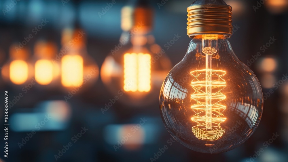 Close-up of a retro-style Edison bulb glowing with intricate filaments in a modern industrial setting. Close-up of a retro-style Edison bulb glowing with intricate filaments in a modern industrial setting.