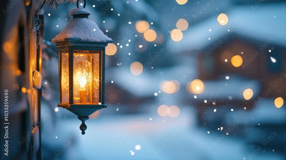 A glowing lantern dusted with snow, hanging in a cozy winter setting, with blurred lights in the background. A glowing lantern dusted with snow, hanging in a cozy winter setting, with blurred lights in the background.