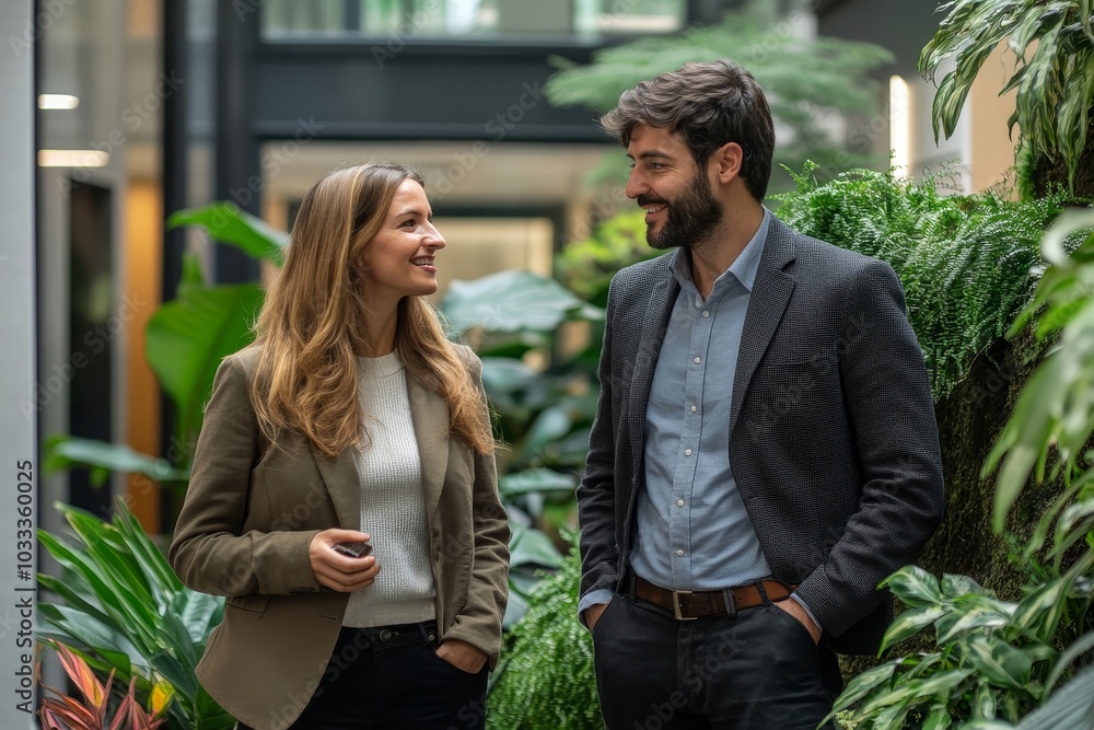 Fototapeta premium Businessman talking with female colleague in office lobby, Generative AI
