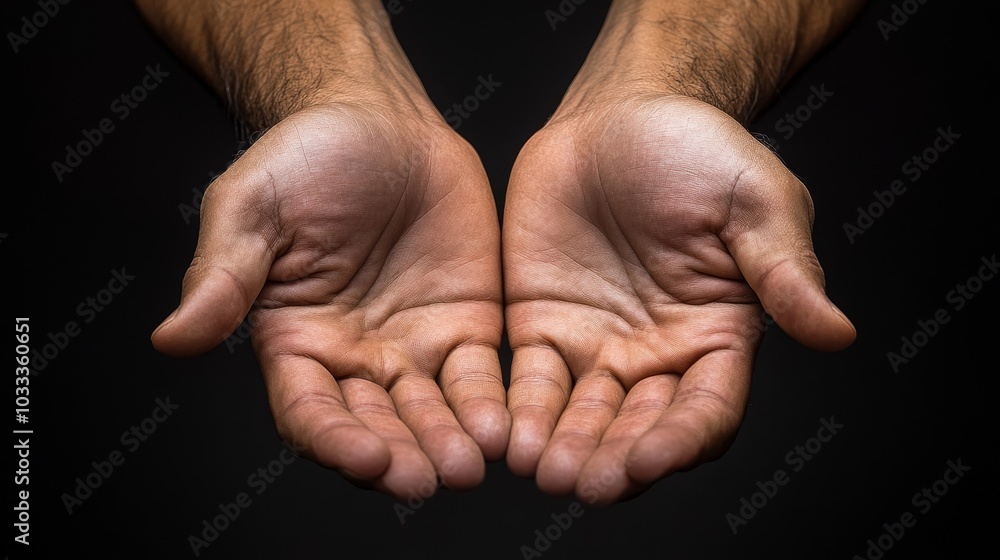 Two open hands facing upward against a dark background, symbolizing openness and receptivity. Two open hands facing upward against a dark background, symbolizing openness and receptivity.