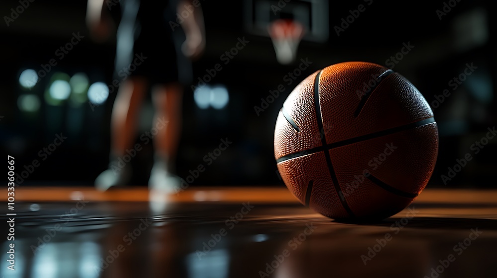 Naklejka premium Close-up of a basketball on a hardwood court with a blurred player in the background.