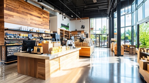 Modern Grocery Store Interior with Wooden Accents.